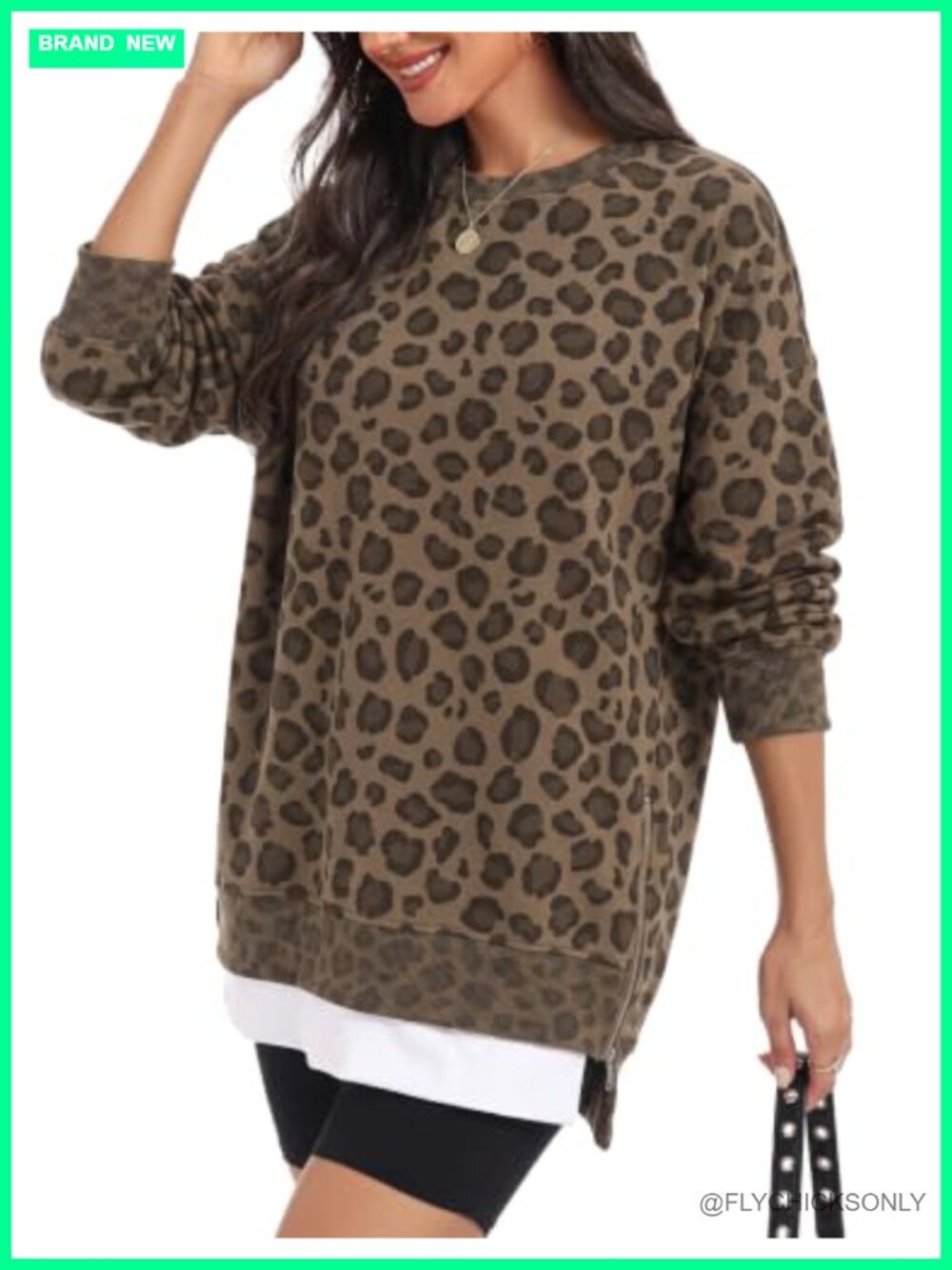 Oversized Fleece Tunic Sweatshirt Crewneck Side Zip Layered Hem